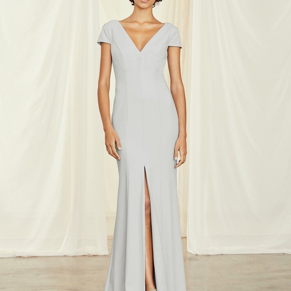 Formal Long Fit & Flare Evening Gown Cap Sleeve V Neck Front Slit Amsale